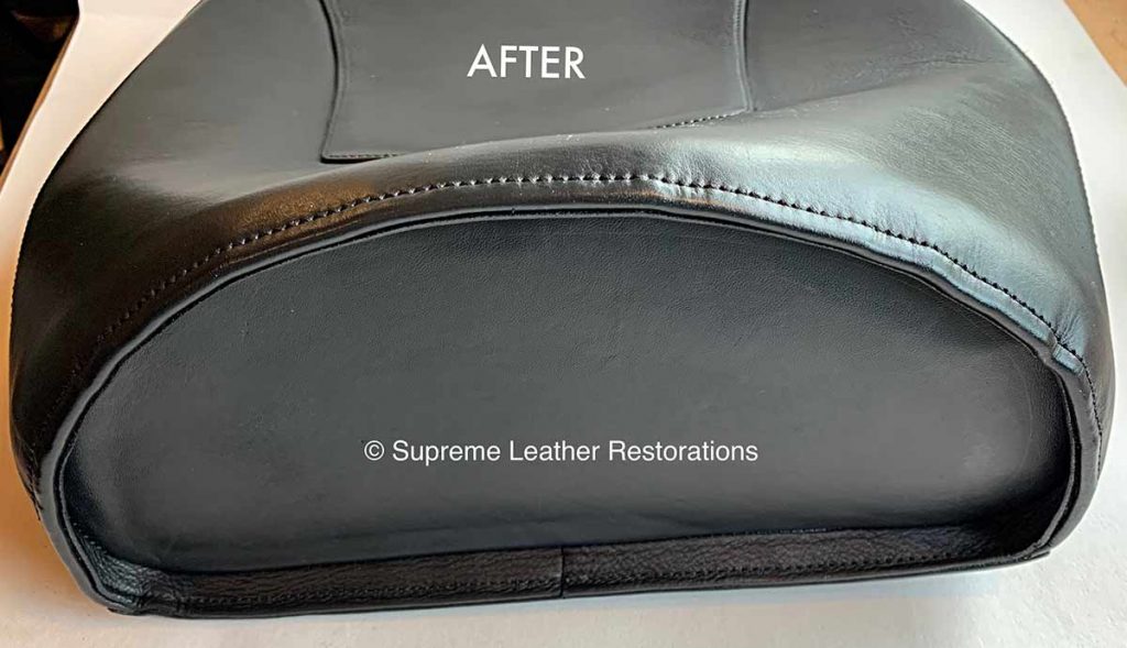 After bottom rim of worn leather handbag