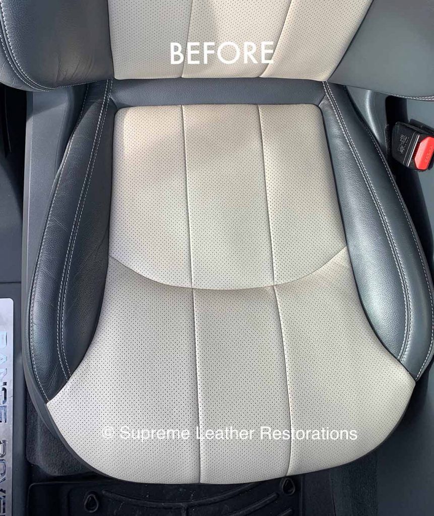 Before photo of dirty car seat before leather cleaned
