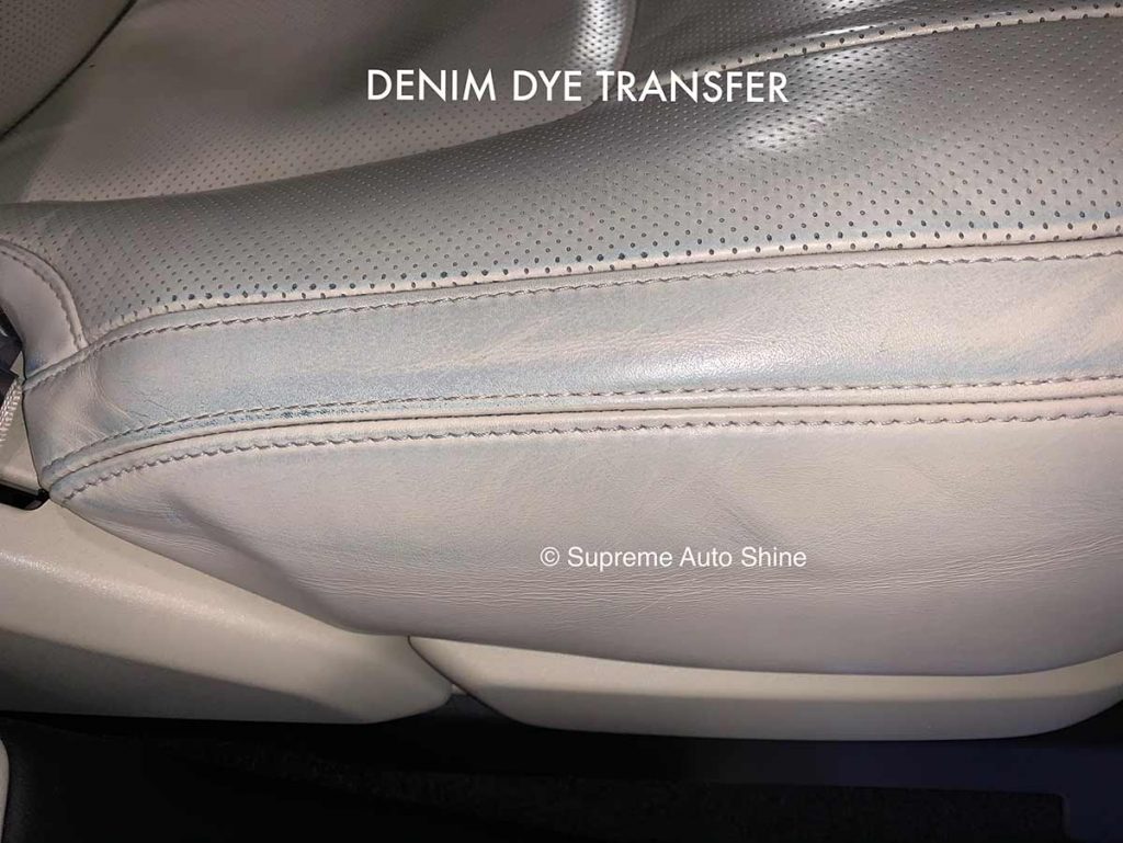 Denim dye transfer from jeans onto leather car seat