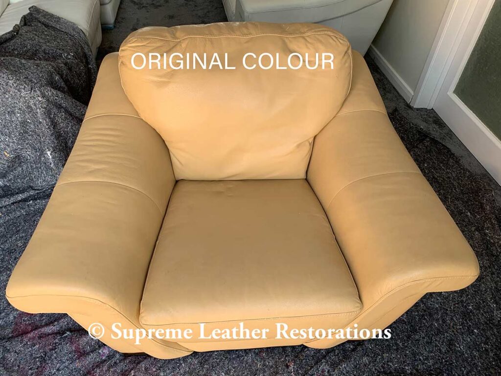 old yellow leather sofa before leather restoration
