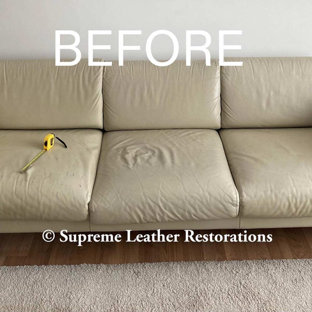 three seater leather sofa before leather restoration