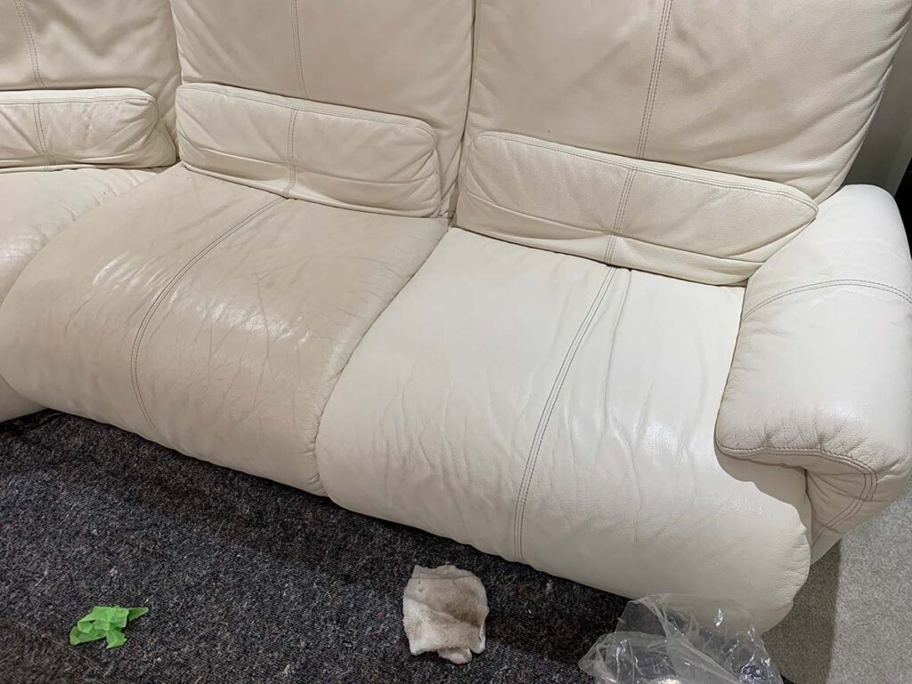 before and after colour restoration on sofa